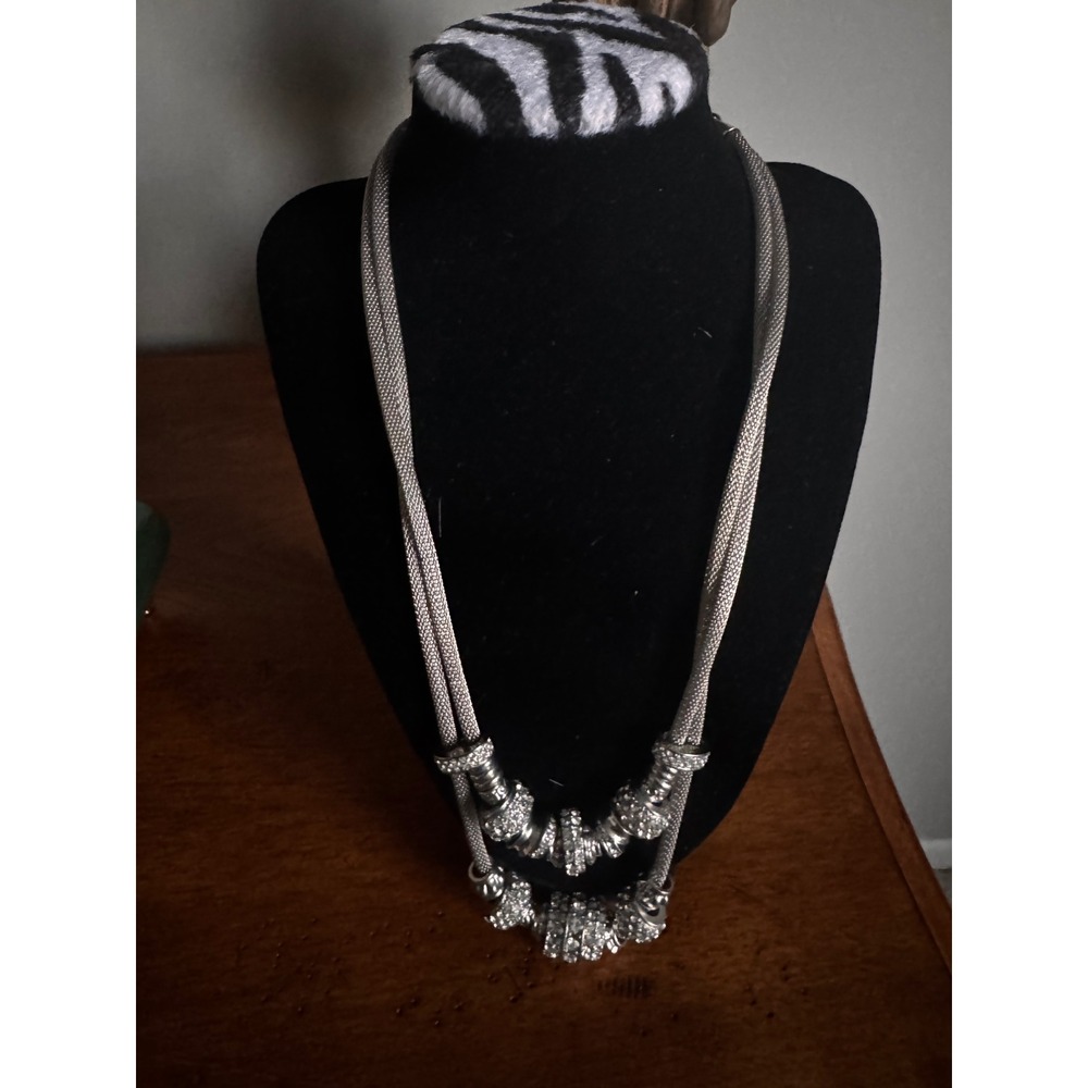 Chicos Silver Tone Mesh Double Strand Necklace with Rhinestone Charms - Picture 3 of 8